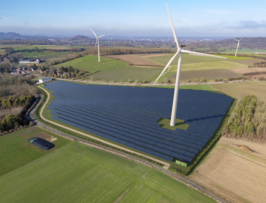 Aerial 3D visualization of a solar farm by Sparkviz with wind turbine.